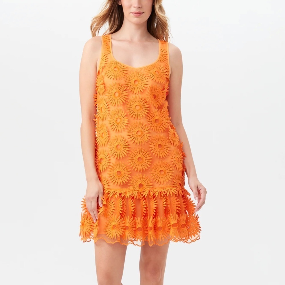 Trina Turk Orange Anzu Dress 3D Floral Applique Size 12 NWT